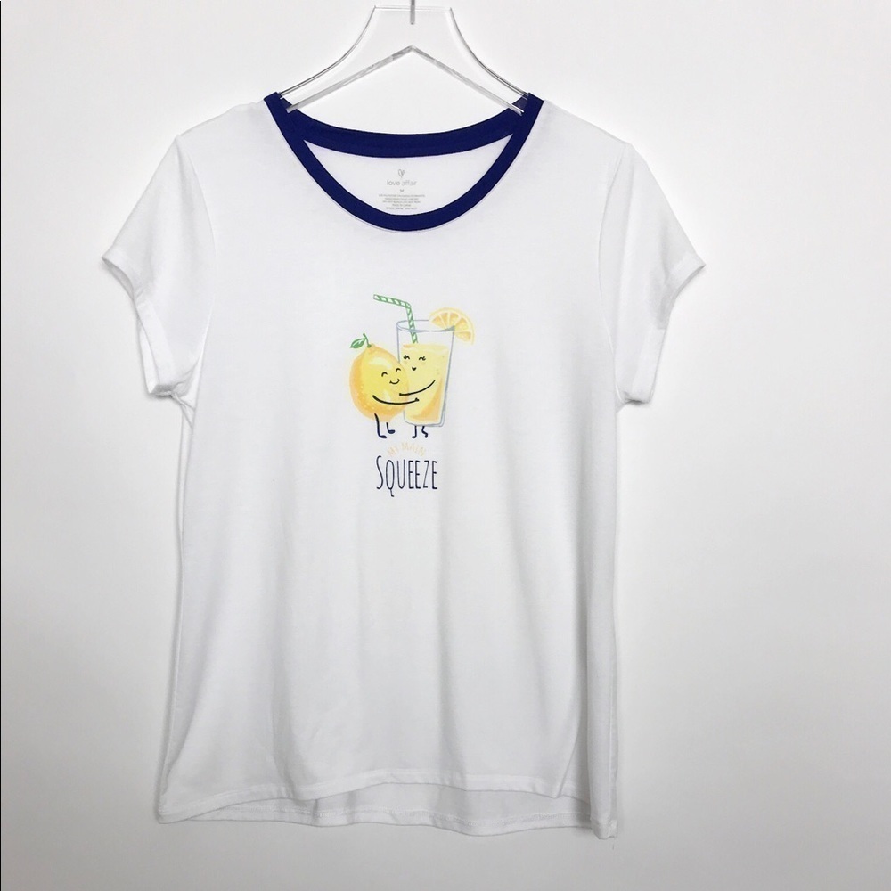 Love Affair white graphic ringer tee shirt blue trim M